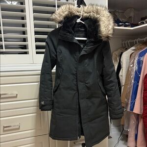 TNA Women's Black Parka Coat with Faux Fur Hood
